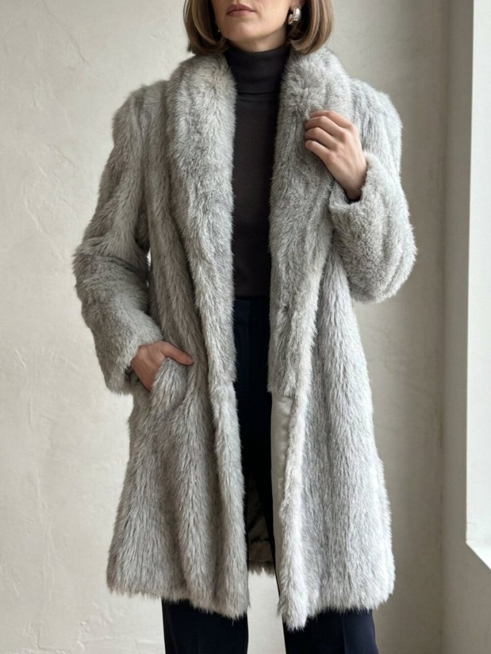 Mirage Outerwear Vintage 80s Silver Gray Faux Fur Shawl Collar Coat | OS
